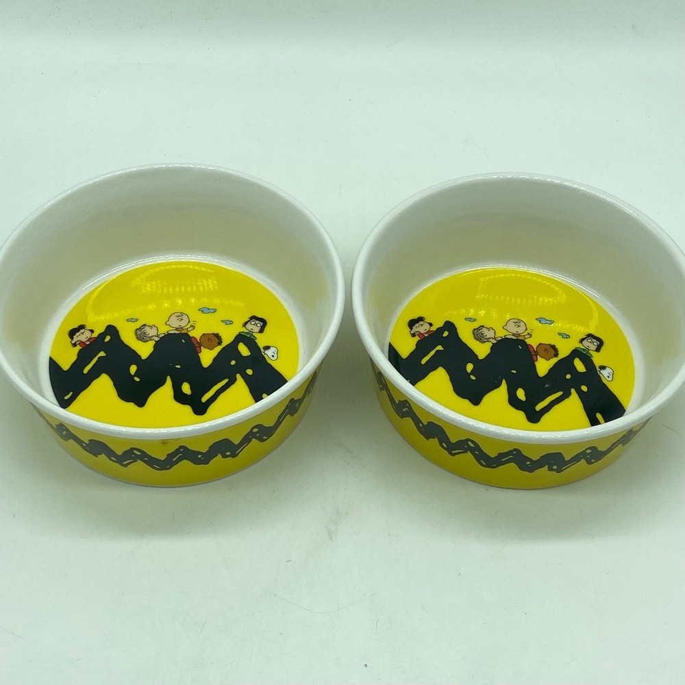 Peanuts Charlie Brown Zig Zag Ceramic Bowls Set of‎ 2 Gibson Yellow Black Gang